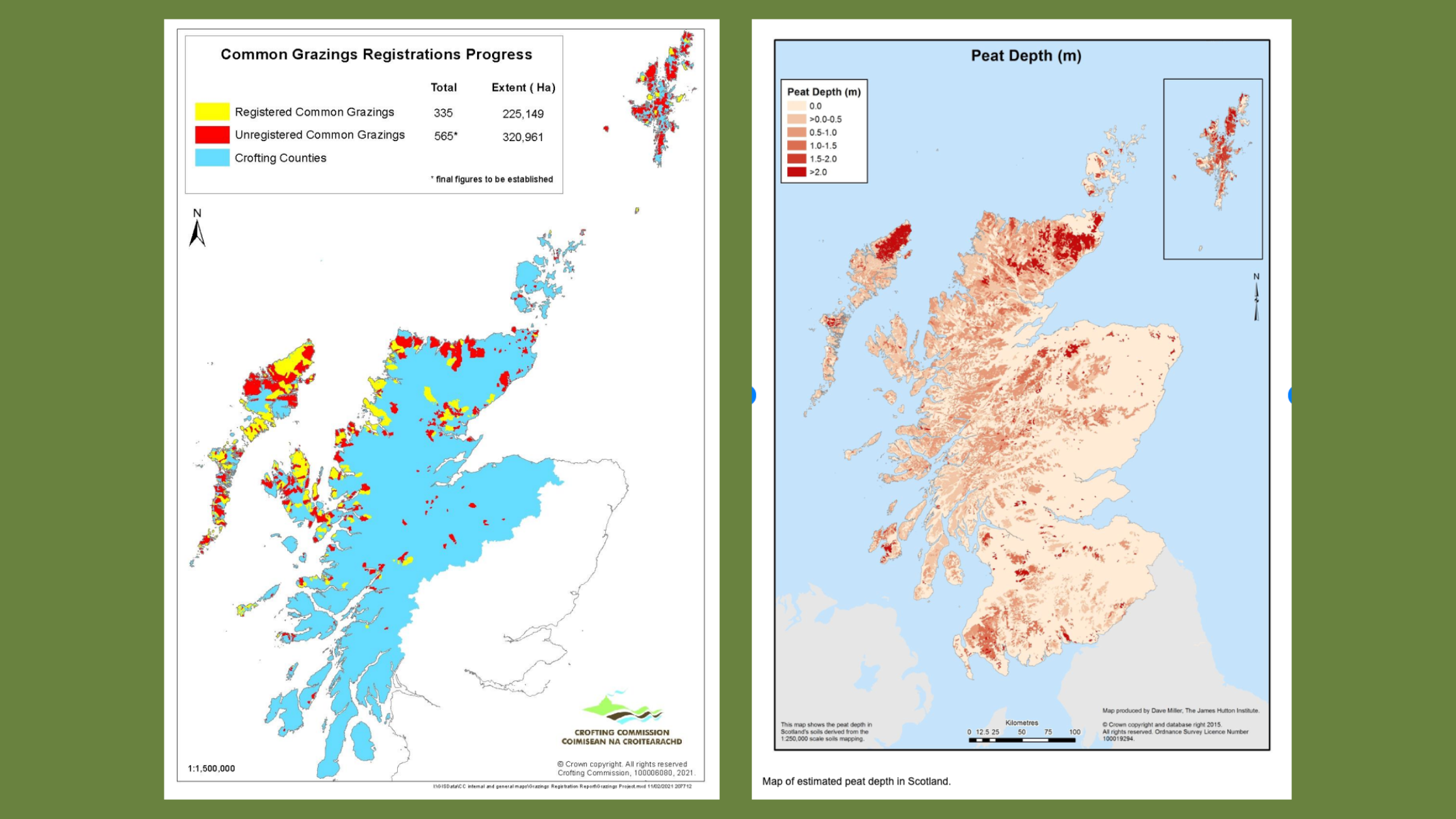 Two maps showing overlap of peatland on crofting territories in Scotland